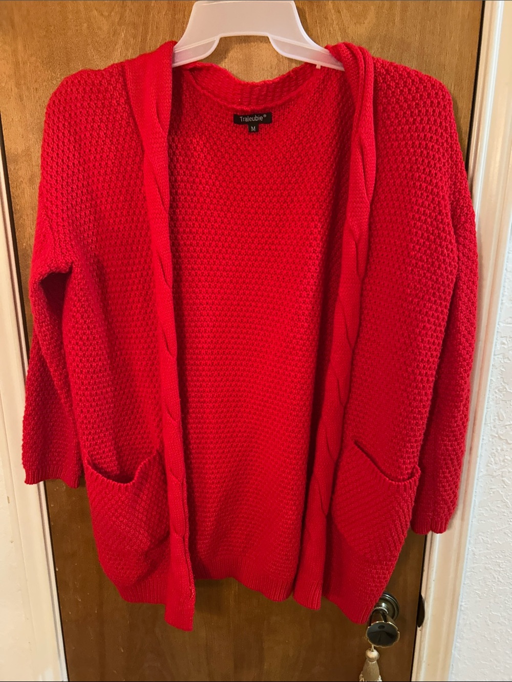 Red Open-Front Cable Trim Cardigan Sweater. M